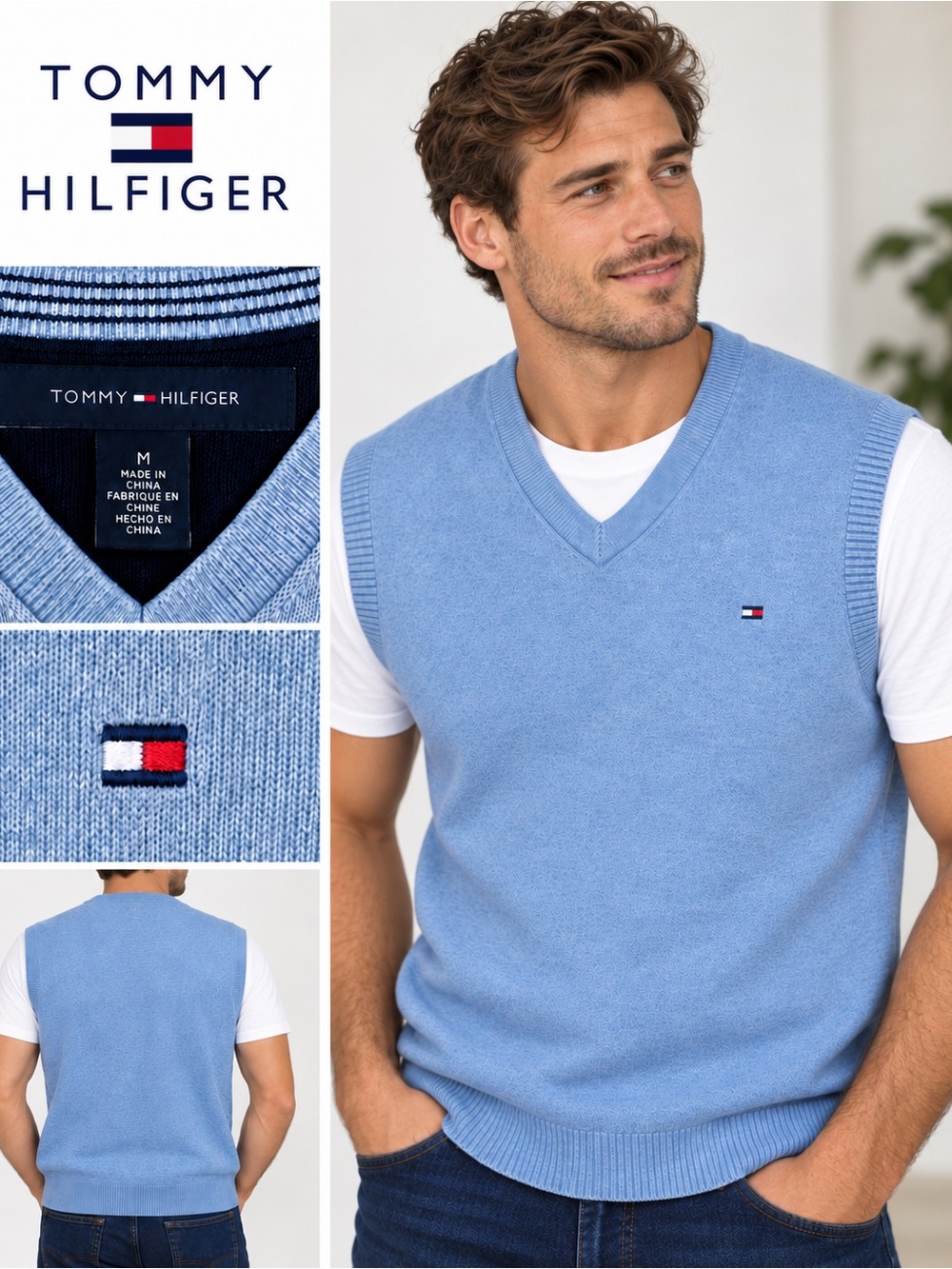 Tommy Hilfiger Blue Cotton V-Neck Sweater Vest Size M